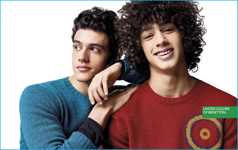Models Xavier Serrano and Barak Shamir charm in knitwear for United Colors of Benetton's winter 2016 campaign.