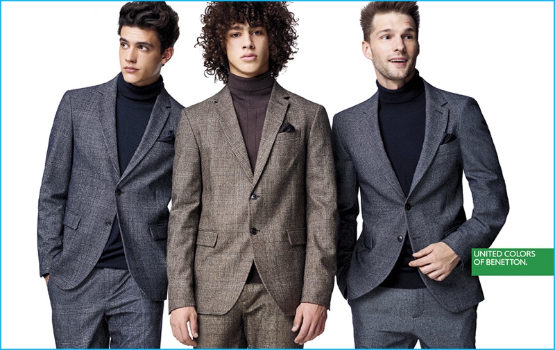 Making for a smart model trio, Xavier Serrano, Barak Shamir, and Tomas Skoloudik don suits for United Colors of Benetton's winter 2016 campaign.