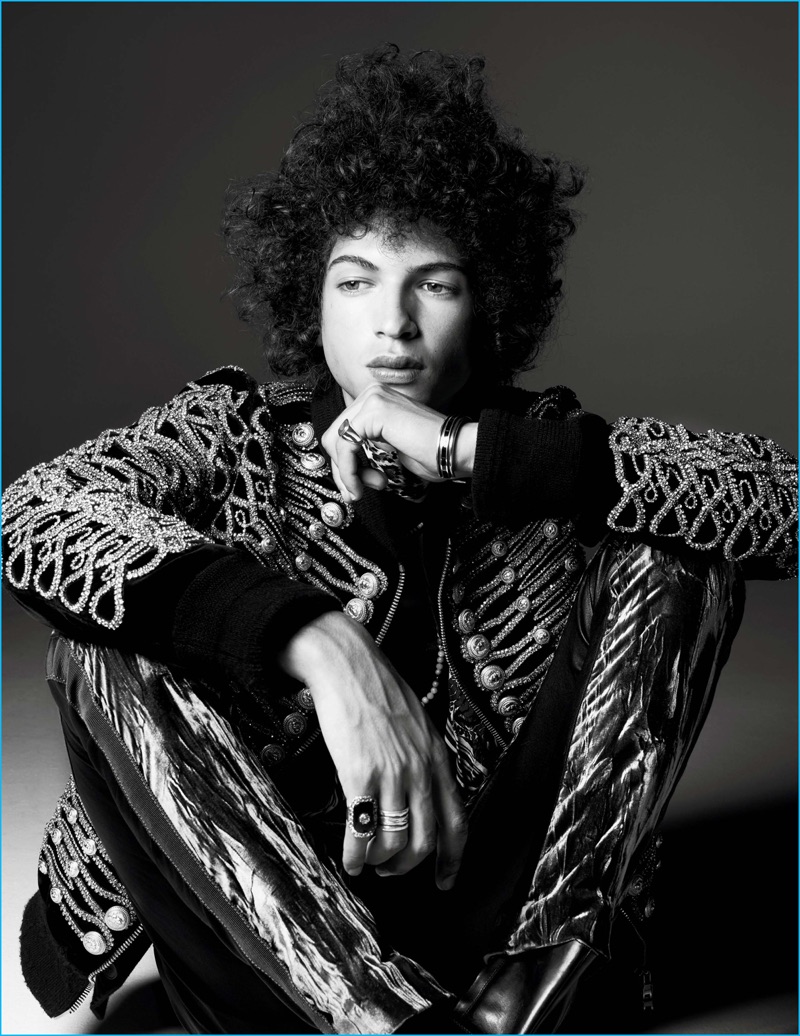Djavan Mandoula dons a Balmain jacket and t-shirt with Haider Ackermann trousers and Roberto Cavalli leather boots.