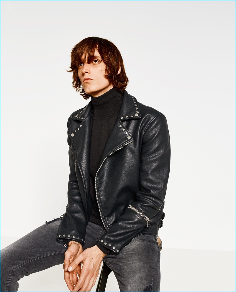 Model Joep Van de Sande rocks a biker jacket from Zara Man's Boho LA collection.