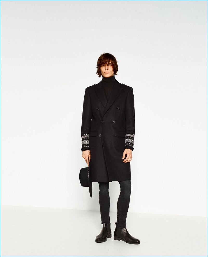 Spanish brand Zara embellishes minimal black fashions such as the overcoat for its Boho LA collection.