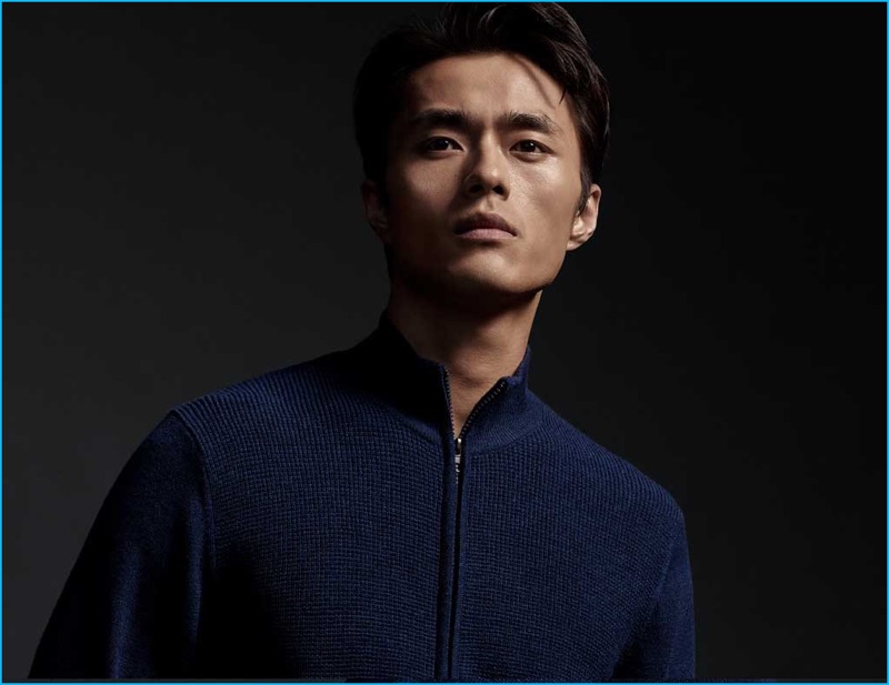 Zachary Prell enlists Zhao Lei for its fall-winter 2016 lookbook, featuring a navy zip-through sweater.