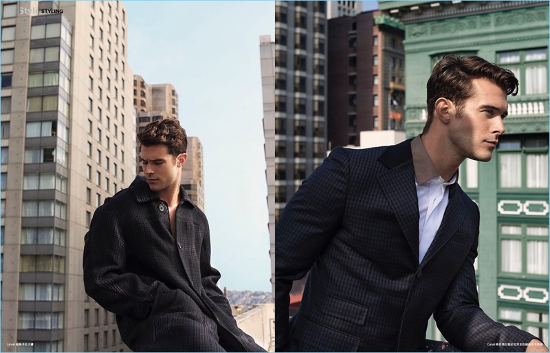 Overlooking the city, Alex Prange wears fashions from Lanvin and Canali.