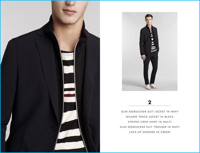 Banana Republic adds a sporty element to its seersucker suit with a striped t-shirt, track jacket, and lace-up sneakers.