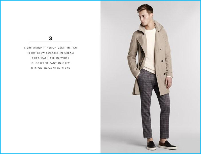 Model Kit Butler dons a lightweight trench coat, sweater, soft-wash tee, check trousers, and slip-on sneakers by Banana Republic.