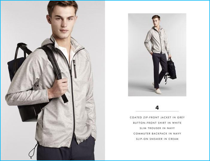 Front and center, Kit Butler goes sporty in a coated zip-front jacket, button-front shirt, slim trousers, commuter backpack, and slip-on sneakers from Banana Republic.