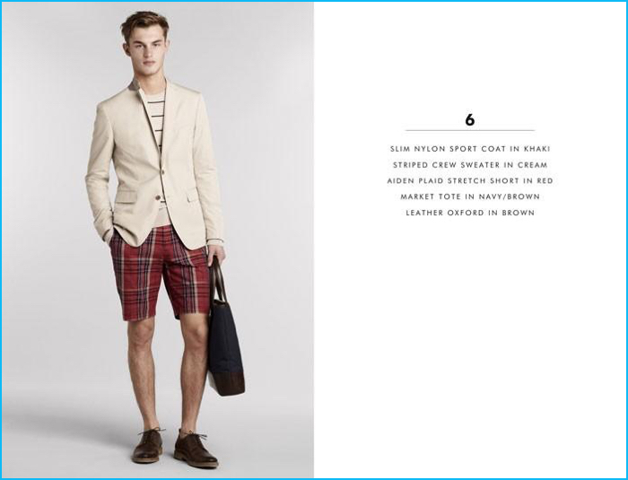 Connecting with Banana Republic, Kit Butler wears a slim nylon sport coat with a striped sweater, plaid stretch shorts, market tote, and leather oxford shoes.