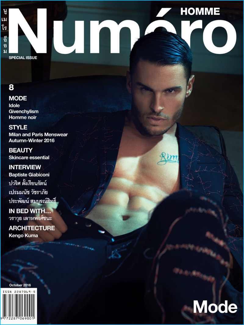 Going shirtless, Baptiste Giabiconi wears a Dior Homme suit for the cover of Numéro Homme Thailand.