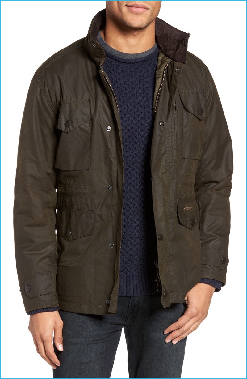Brace for the cold with a rugged waxed cotton jacket by Barbour.