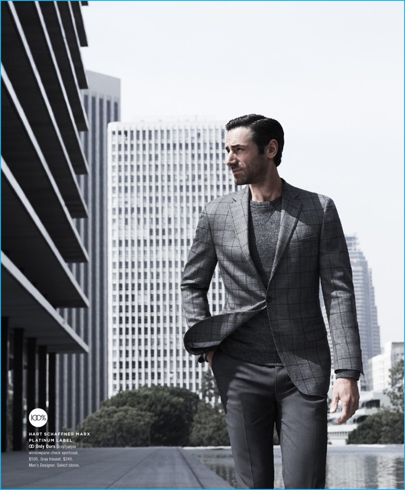 Josh Wald dons a grey windowpane sport coat with trousers by Hart Schaffner Marx Platinum Label.