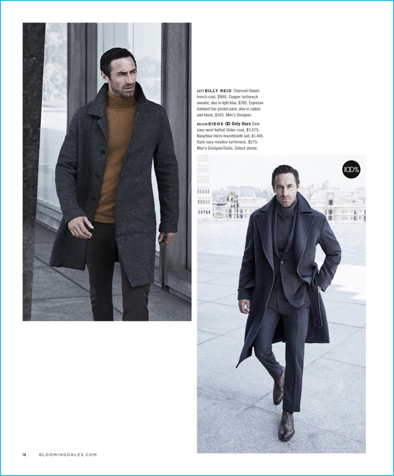 Left: Josh Wald wears a charcoal trench coat, copper turtleneck sweater, and five-pocket pants by Billy Reid. Right: Josh sports a coat, micro-houndstooth suit, and turtleneck from Eidos.