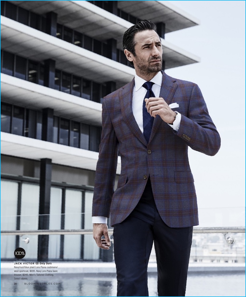 A dapper vision, Josh Wald wears a Jack Victor plaid sport coat with navy trousers.