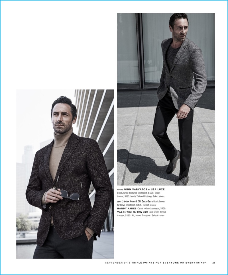 Embracing textured suiting, Josh Wald models must-have pieces from John Varvatos USA Luxe, Hardy Amies, and Valentini. 