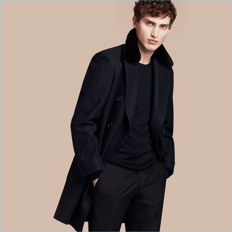 Burberry Double Breasted Technical Wool Cashmere Fur Collar Coat