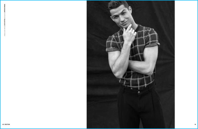 Nelly de Melo Gonçalves outfits Cristiano Ronaldo in a plaid Louis Vuitton t-shirt with Emporio Armani trousers.