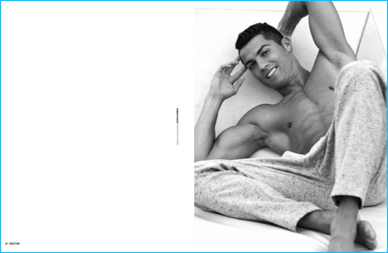 All smiles, a shirtless Crisitano Ronaldo dons trousers by Giorgio Armani.