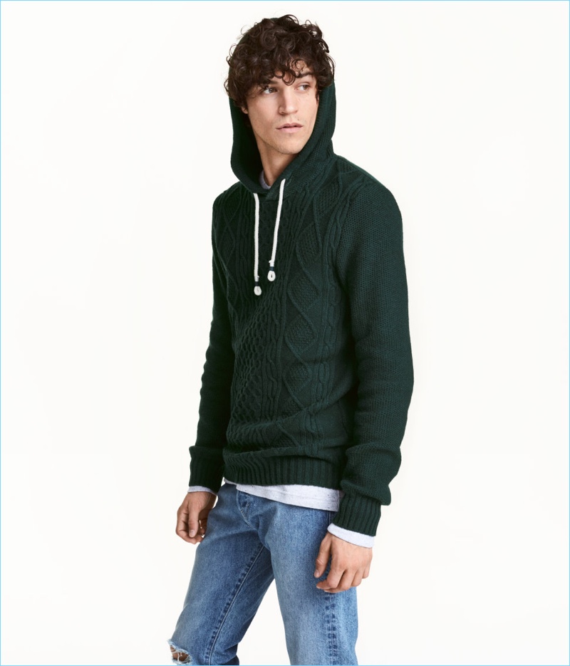 HM Men 2016 Green Cable Knit Hooded Sweater