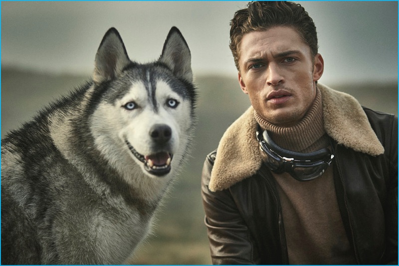 Harvey Haydon and his dog Xavier appear in an editorial for Gentleman's Journal. The English model sports a Belstaff leather bomber for the occasion.