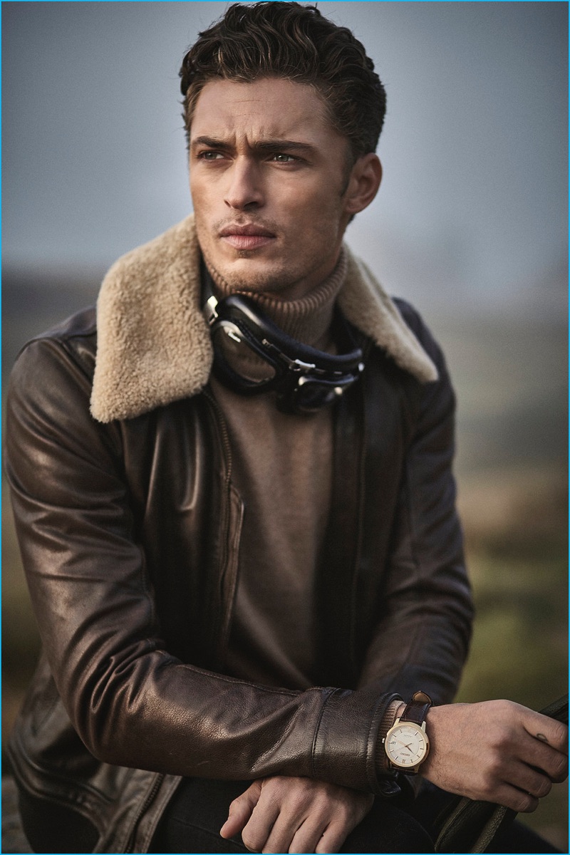 Model Harvey Haydon is front and center in a Belstaff leather bomber for Gentleman's Journal.
