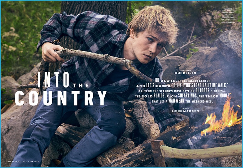 English actor Joe Alwyn wears a Bottega Veneta jacket with a Perry Ellis t-shirt, Diesel pants, and O'Keeffe boots for Esquire.