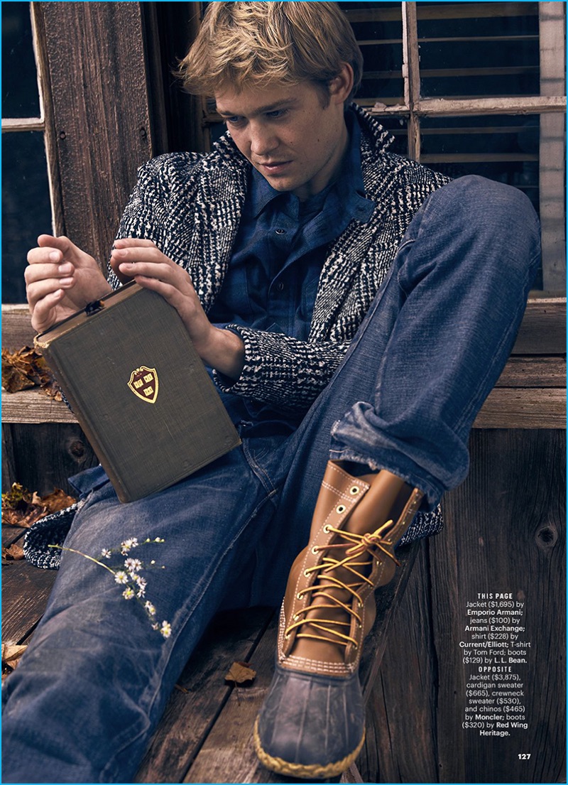 Dusan Relijn photographs Joe Alwyn in an Emporio Armani jacket with Armani Exchange jeans, a Current/Elliott shirt, Tom Ford t-shirt, and L.L. Bean boots.