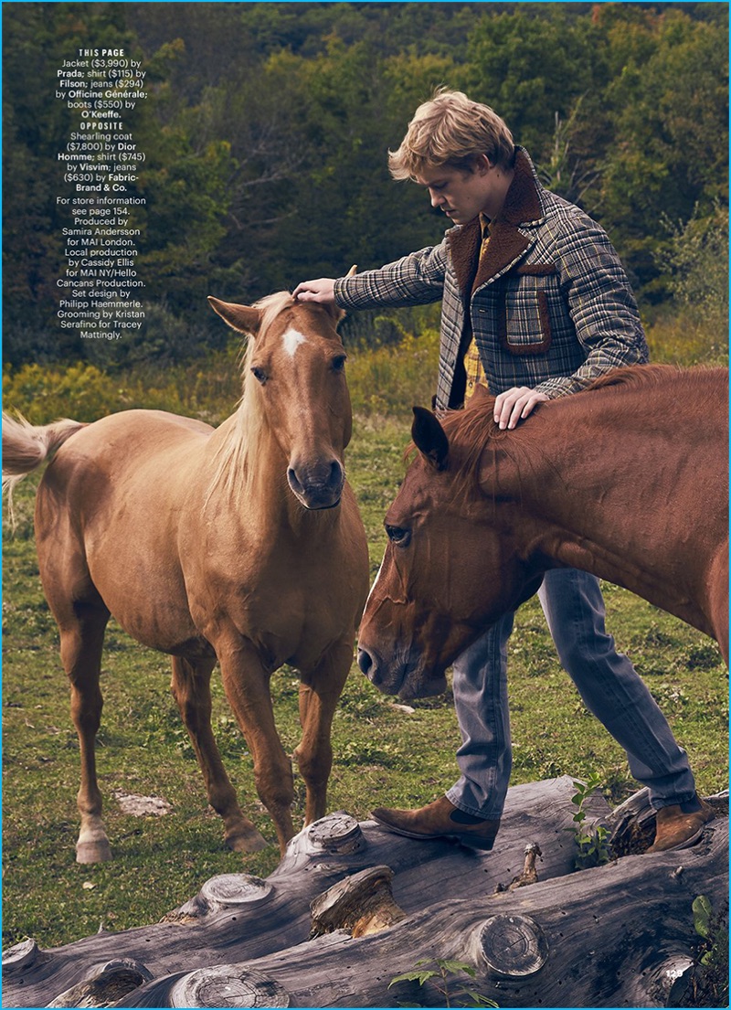 Venturing outdoors and posing with horse, Joe Alwyn dons a Prada plaid jacket with a Filson shirt, Officine Generale jeans, and O'Keeffe boots.