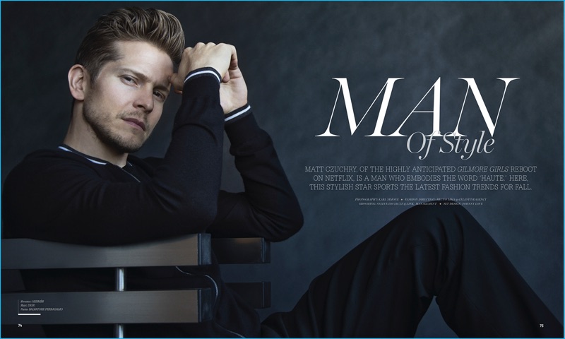 Actor Matt Czuchry wears a Hermes sweater, Dior Homme shirt, and Salvatore Ferragamo trousers for Haute Living.