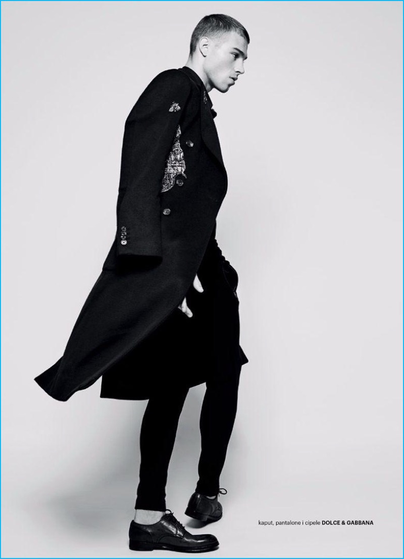 Ivan Rasic outfits Matthew Noszka in a black fall look from Italian fashion house, Dolce & Gabbana.
