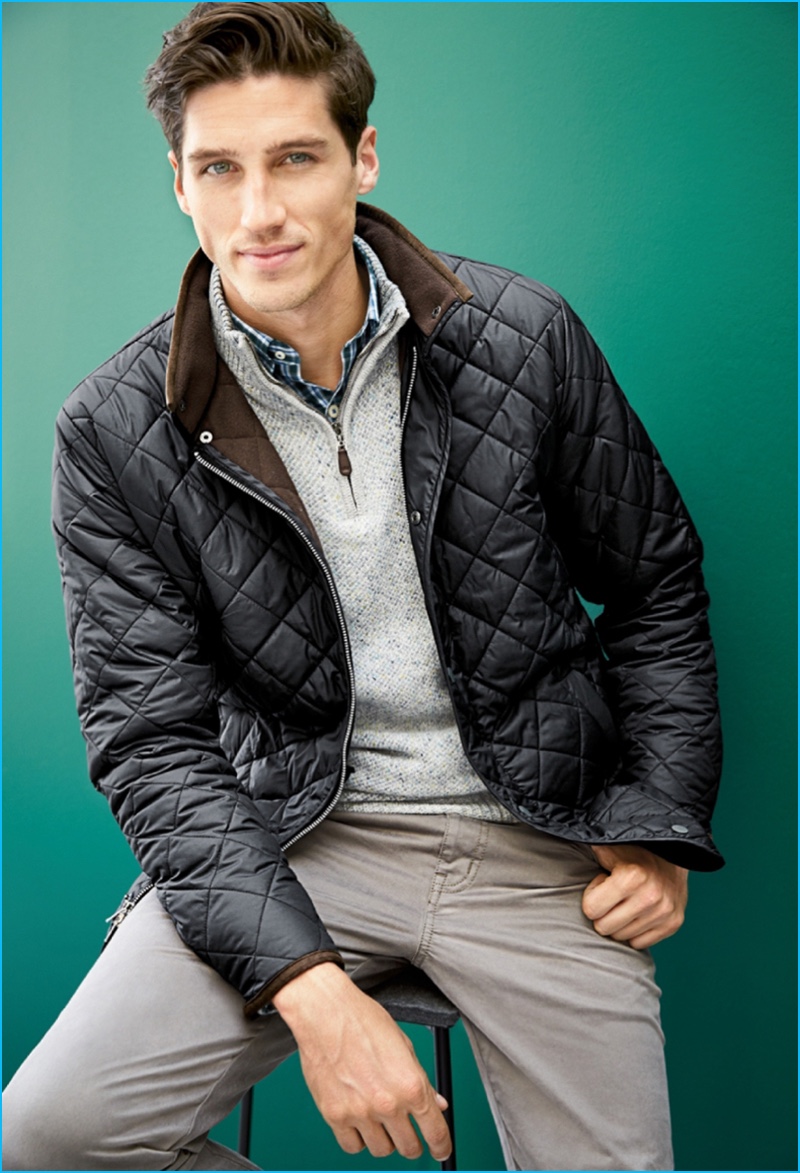 Embracing casual style with Nordstrom, Ryan Kennedy wears a quilted jacket with five pocket pants by Peter Millar.