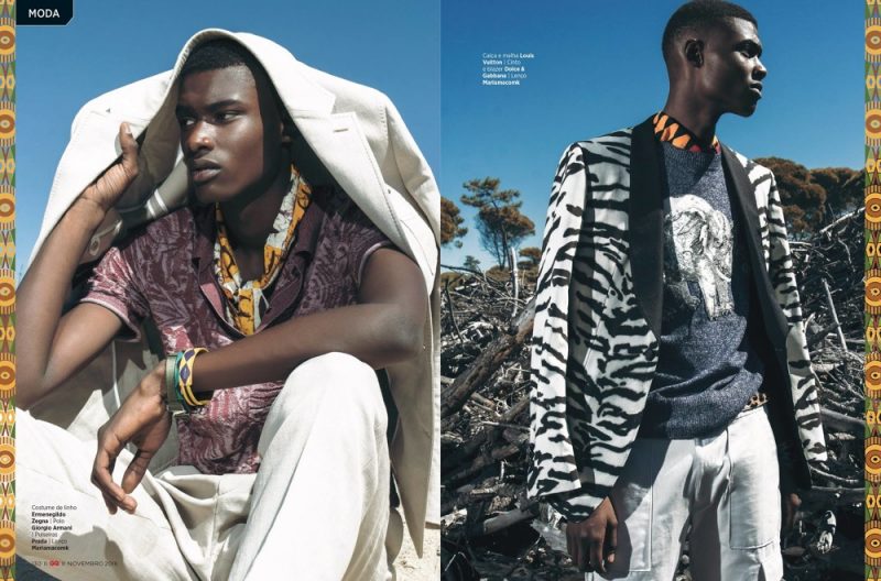 Elio Nogueira photographs Rachide Embalo in Louis Vuitton, Dolce & Gabbana, and other fashion labels for GQ Brasil.