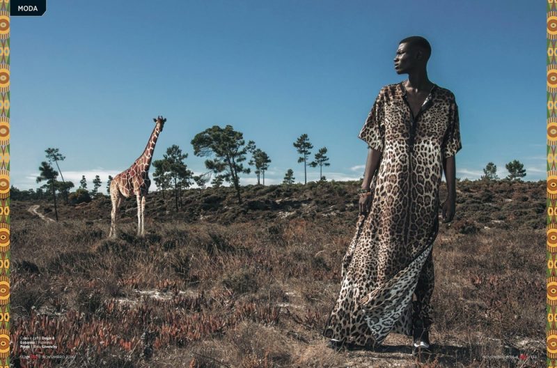 Model Rachide Embalo is striking in a leopard print tunic by Dolce & Gabbana.