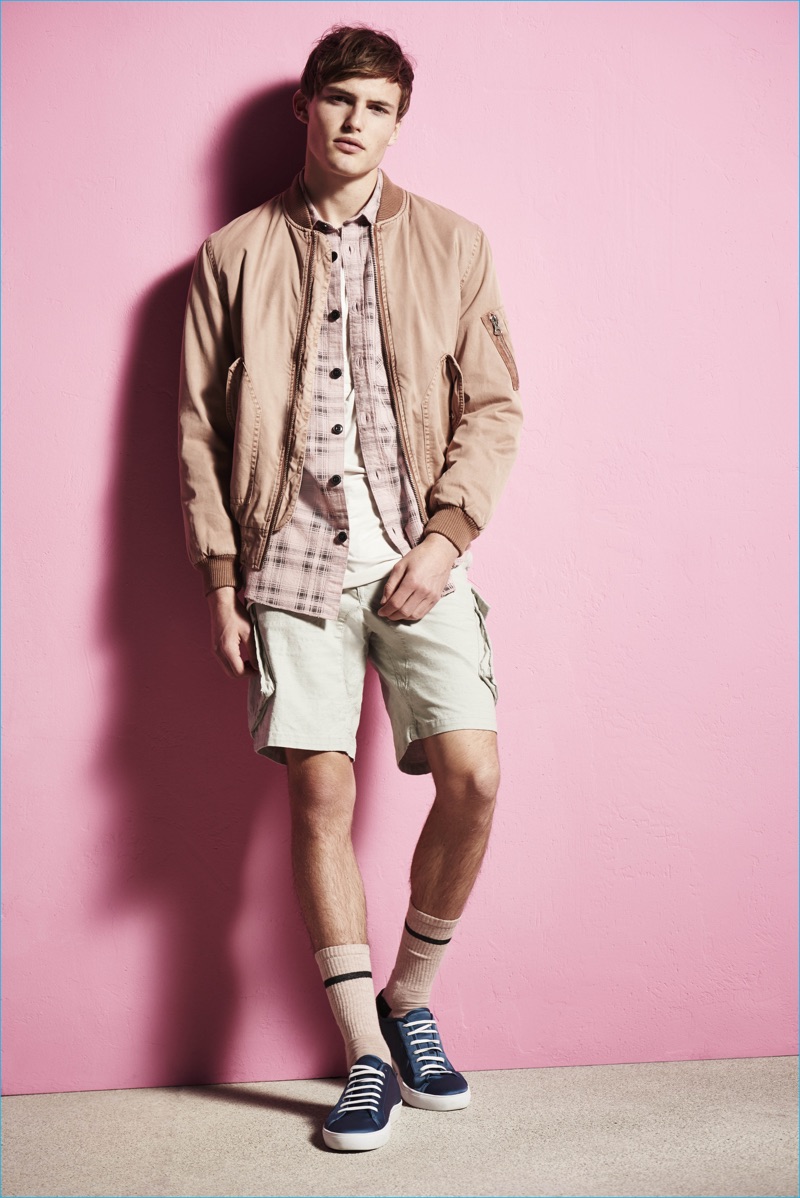 The bomber jacket continues to be a star as River Island pairs it with cargo shorts for its spring-summer 2017 collection.