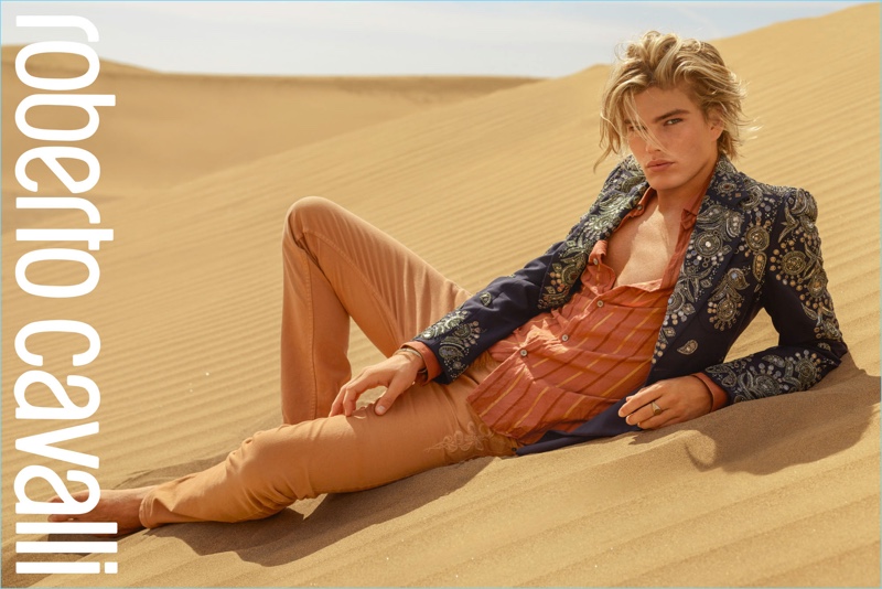 Jordan Barrett takes to the desert for Roberto Cavalli's spring-summer 2017 campaign.