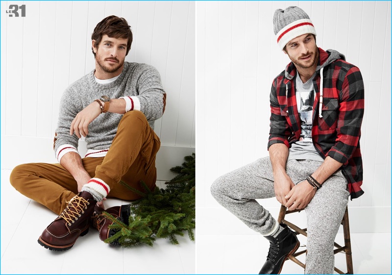 Left: Justice Joslin sports a sweater with elbow patches, cargo joggers, and work boots with a Skagen watch. Right: Justice models a LE 31 checked flannel shirt, jogger pants, a graphic t-shirt and beaded bracelets with Steve Madden boots.