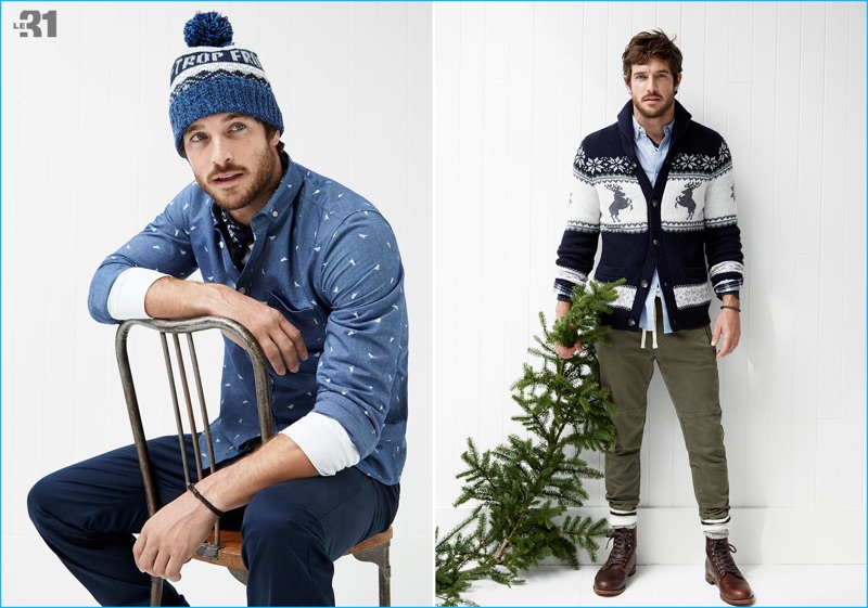 Model Justice Joslin sports casual fashions from LE 31 with standouts that range from a mini motif oxford shirt to a Nordic jacquard cardigan.