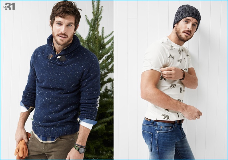 Reuniting with Simons, Justice Joslin wears winter fashions and accessories by LE 31. Justice also sports denim jeans from Only & Sons.