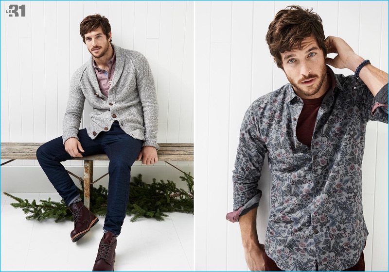 Embracing smart separates from LE 31, Justice Joslin wears staples such as a marled shawl-collar cardigan and floral chambray shirt.