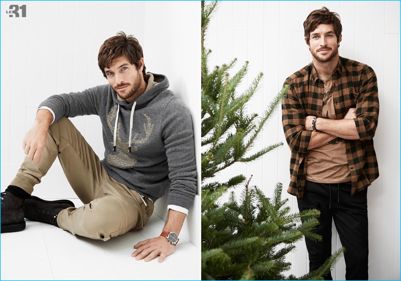 Top model Justice Joslin wears relaxed styles by LE 31 with Volcom boots for Simons.