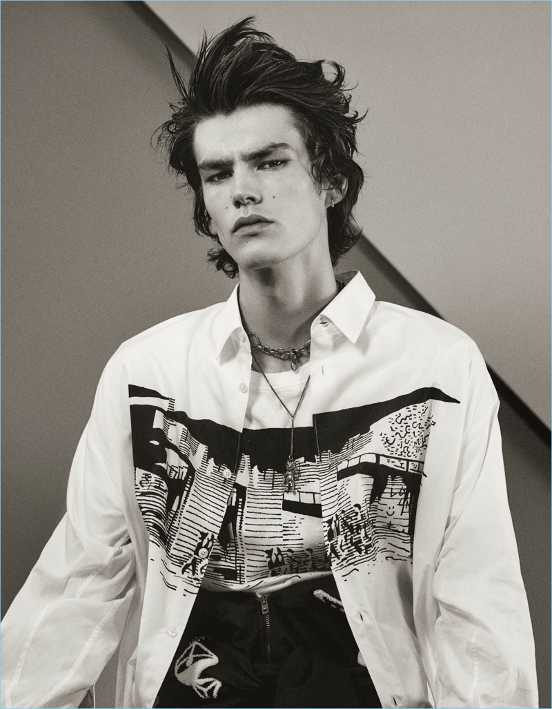 Elias de Poot wears menswear from Stella McCartney for the pages of Interview magazine.