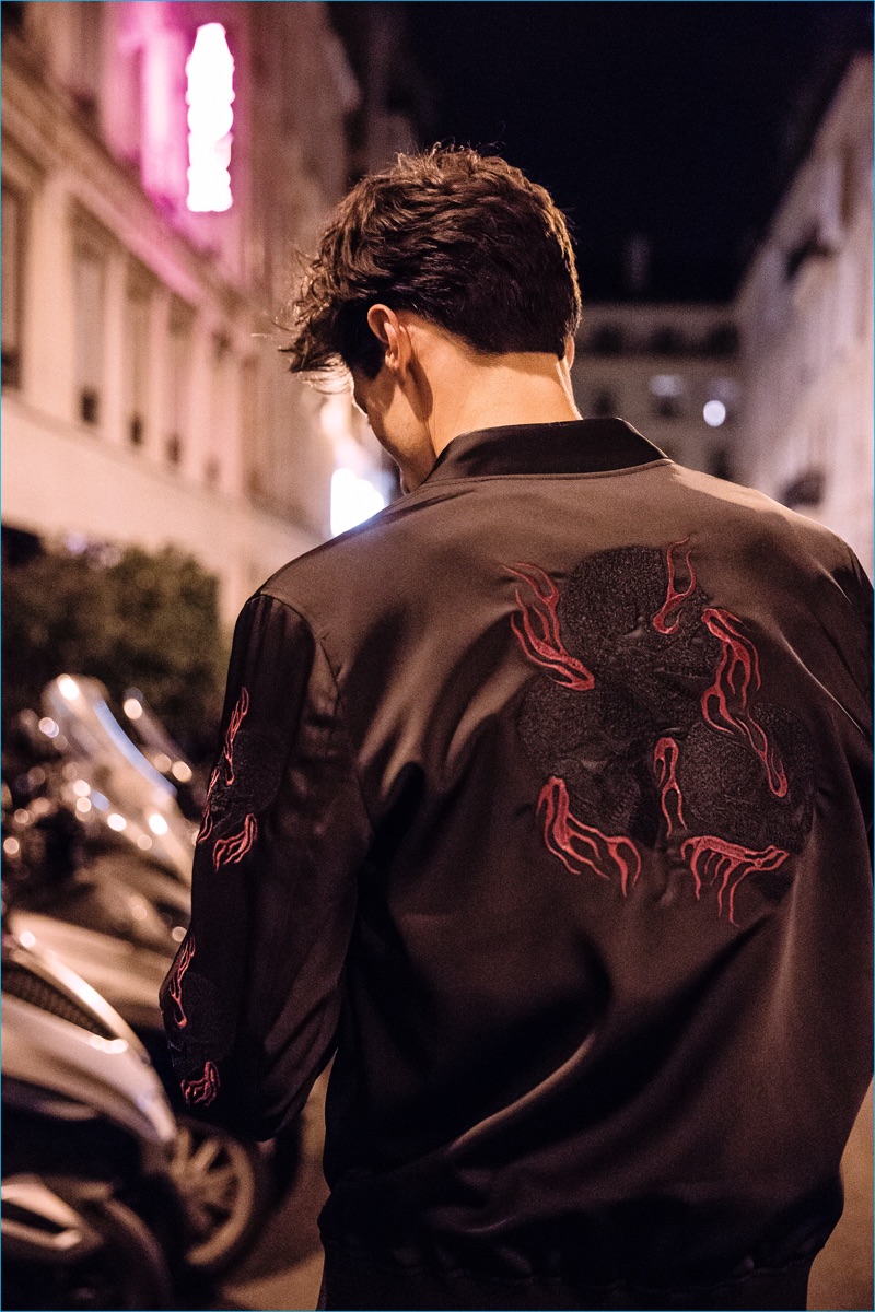 French label The Kooples turns out a satin bomber jacket for its Moonlight capsule collection.