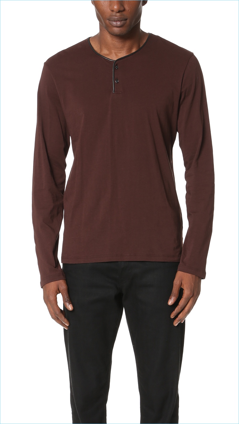The Kooples Leather Trimmed Brown Henley