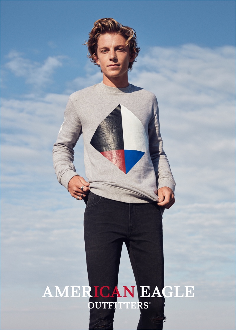 Ben Nordberg sports a graphic sweatshirt for American Eagle Outfitters' spring 2017 campaign.