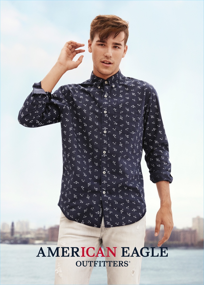 Jacob Whitesides wears a printed button-down shirt for American Eagle Outfitters' spring 2017 campaign.