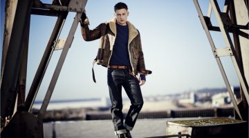 Belstaff Channels Naval Military Style for Fall '17 Collection Bastian Thiery sports a leather and shearling jacket with denim jeans from Belstaff's fall-winter 2017 collection.