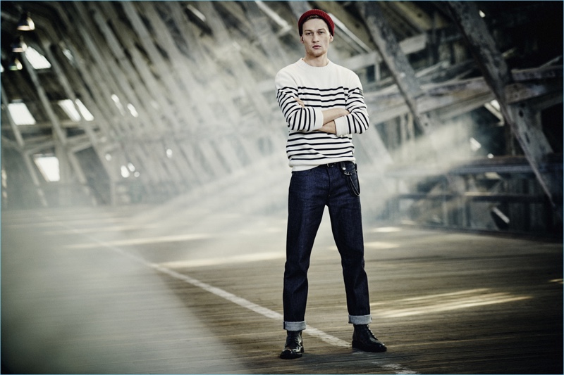 A casual vision, Bastian Thiery models a Breton stripe sweater with dark indigo jeans from Belstaff. » Belstaff Channels Naval Military Style for Fall '17 Collection A casual vision, Bastian Thiery models a Breton stripe sweater with dark indigo jeans from Belstaff.