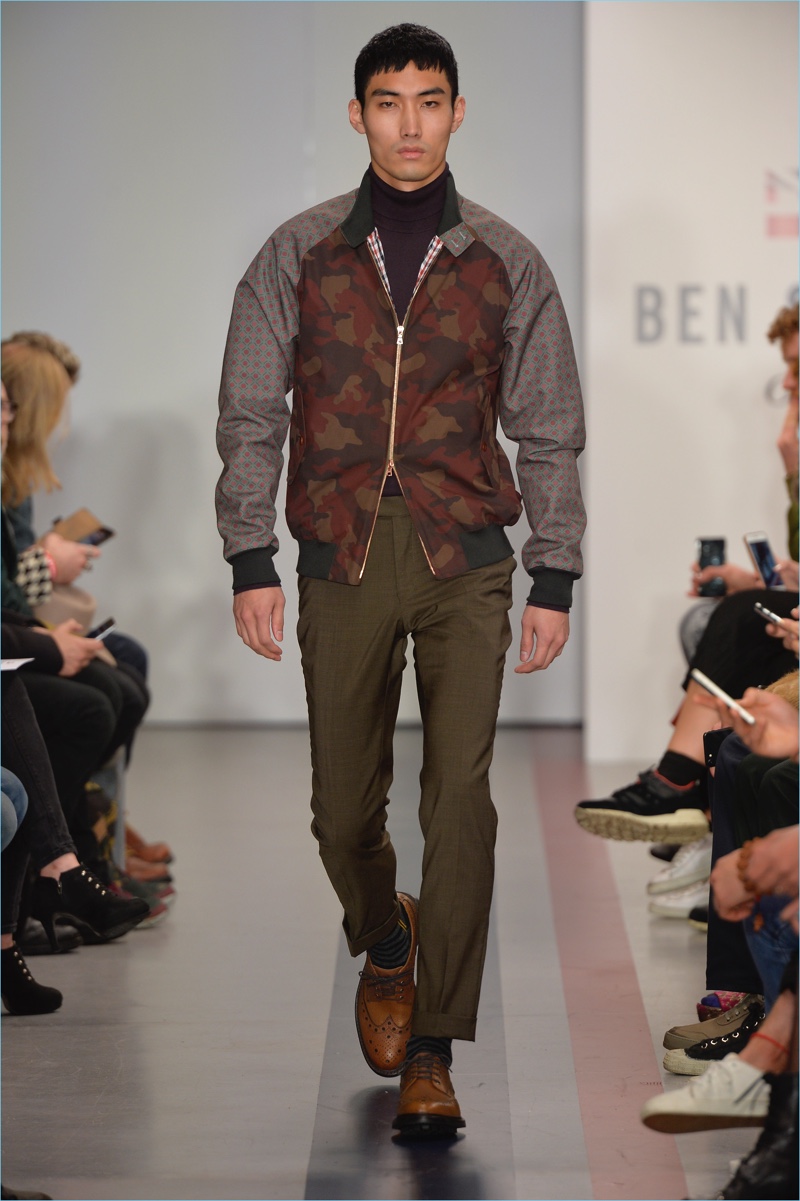 Fashion brand Ben Sherman embraces camouflage with a smart jacket for fall-winter 2017.