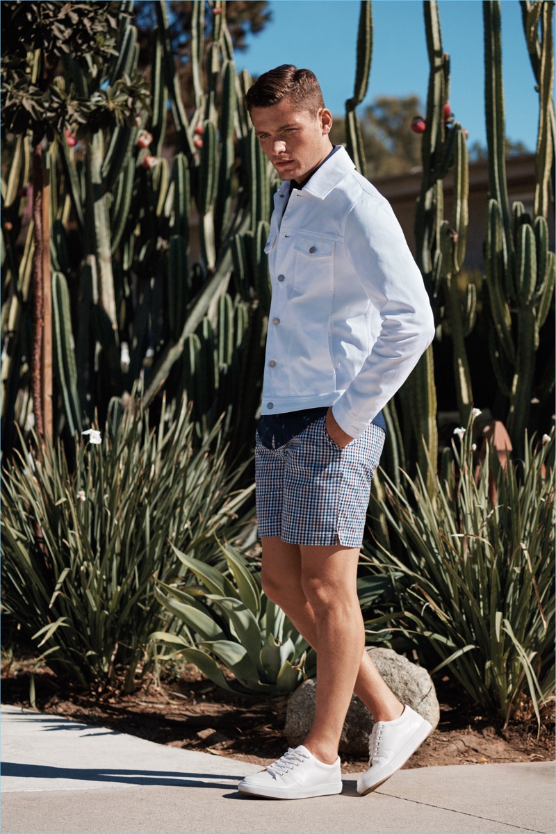 Jace Moody sports a white denim jacket and gingham print shorts for Ben Sherman's spring-summer 2017 campaign.