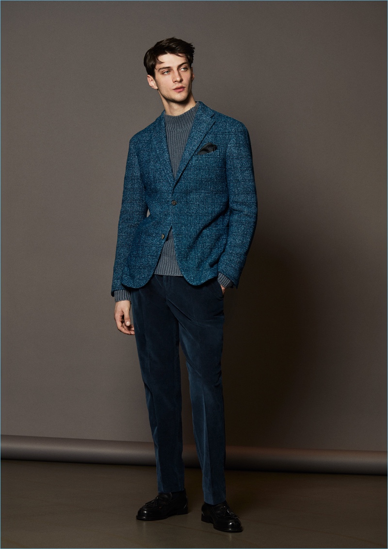 Cool blue tones come together for Boglioli's fall wardrobe of tailored separates.