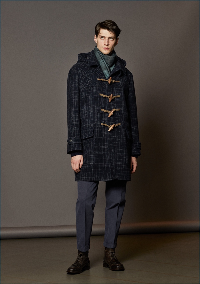 Front and center, Matthew Bell sports a graphic duffle coat from Boglioli. 