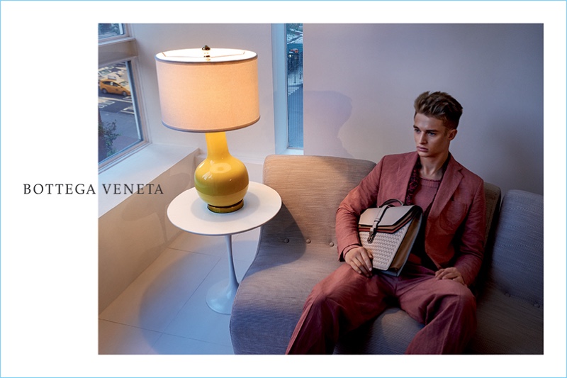 Morten Nielsen dons a colorful suit for Bottega Veneta's spring-summer 2017 campaign.